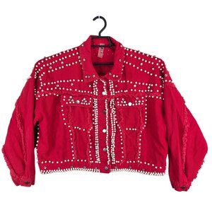Womens Salt Red Pearl & Rhinestone Embellished Cropped Denim Jacket Button Up S